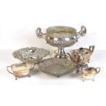 A small group of silver plated items including bowl with pierced gallery and repoussé foliate detail