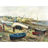 LOUIS VUILLERMOZ (born 1923); oil on canvas, figures beside moored boats, signed lower right, 52 x