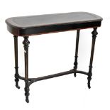 A Victorian ebonised inlaid rounded rectangular leather topped side table, length approx 90cm.