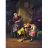 PETRO; oil on board, interior scene with mother and children, signed, 40 x 30cm, framed. (D)