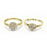 Two 9ct yellow gold and diamond cluster rings, size of larger K, approx 3g (2).