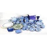 WEDGWOOD; a quantity of jasperware including teapot, trinket boxes, dishes, etc.