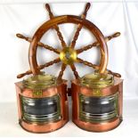 A modern replica wooden ship's wheel, diameter 92cm, and a pair of copper Port and Starboard