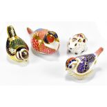 ROYAL CROWN DERBY; four paperweights comprising pheasant (lacking stopper), bank vole (with gold