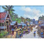 TAWEE NANDAKWANG (Thailand, 1925-1991); oil on canvas, river landscape with numerous figures in