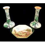 WALTER SLATER FOR SHELLEY; a pair of pearlware lustre candlesticks and a Royal Doulton D5694 'Rustic