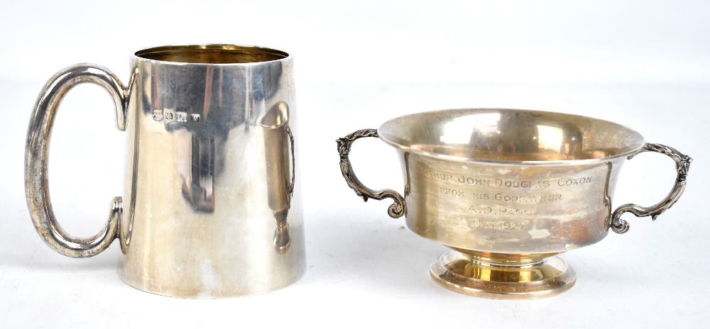 GOLDSMITHS & SILVERSMITHS CO LTD; a George V hallmarked silver twin handled pedestal bowl, inscribed