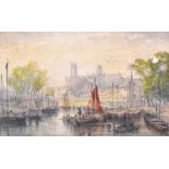 J B DAVIS; watercolour, 'Durham Cathedral', view across the River Weir with figures on boats to