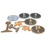 Five railway shed plates, two cast metal signs of hands pointing and two railway track cuts (9).
