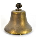 A small brass bell with wall mounting bracket and clapper, diameter of bell end 17.75cm.