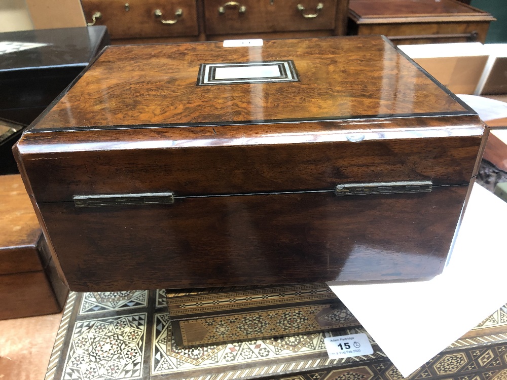 A Victorian burr walnut rectangular sewing box, the cover inlaid with a mother of pearl panel - Image 5 of 6