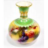ROYAL WORCESTER; a Hadley Ware small vase hand painted with blackberries with green ground gilt