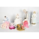 Seven ceramic figures including a Royal Worcester '1830 The Romantic' example from The Victoria