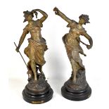 AFTER MOREAU; a pair of spelter figures, 'Poésie d'Automne' and 'Aphrodite', each on a turned wooden