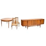 G PLAN; a teak dining suite comprising an extending oval table, length when extended 228cm, six
