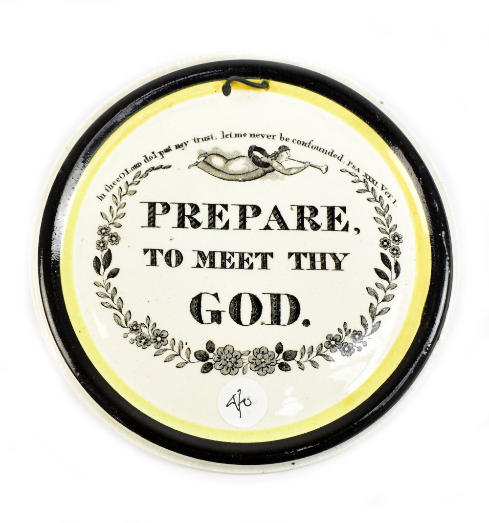 An early 19th century religious plaque inscribed 'Prepare to meet thy God' with yellow and black