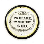 An early 19th century religious plaque inscribed 'Prepare to meet thy God' with yellow and black