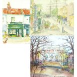 PATRICIA THOMPSON; three ink watercolours on paper, 'The Cutty Sark, Greenwich', 'Arriving For The