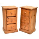 A pair of 19th century pine three drawer bedside cabinets, each 74 x 41 x 33cm (2).