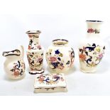 MASON'S IRONSTONE; five pieces decorated in 'Mandalay' pattern to include three vases, jug, etc,