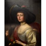 CIRCLE OF GERRIT VAN HONTHORST; oil on panel, portrait of a woman wearing a hat and holding flowers,