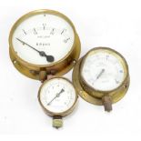Three brass gauges comprising B.R. brake pipe, a pressure gauge, and a vacuum gauge inscribed BR (