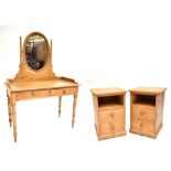 A Victorian pine wash stand with oval mirror above single drawer on tapered turned supports to peg