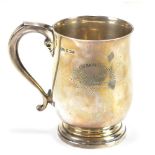 W.W & S; an Elizabeth II hallmarked silver mug of baluster form with engraved inscription '
