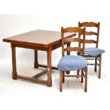 A double fold top cherry wood table, 109 x 172 (when extended), and set of six French style oak