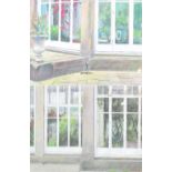 DEREK WILKINSON; a pair of charcoal and pastel studies, views on conservatory, 30 x 40cm, both
