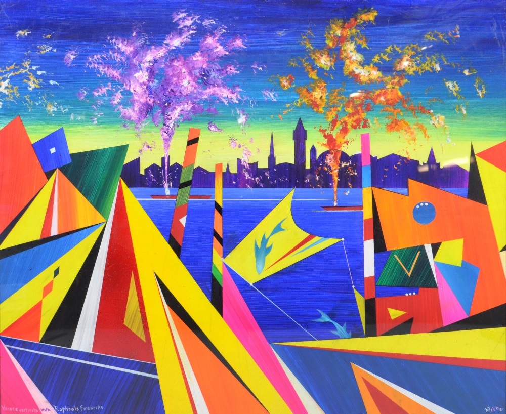 DAVID WILDE (1918-1974); acrylic on board, 'Venice Verticals with Raphael's Fireworks', signed lower