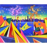 DAVID WILDE (1918-1974); acrylic on board, 'Venice Verticals with Raphael's Fireworks', signed lower