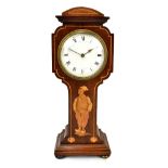 An Edwardian inlaid mahogany mantel clock, the circular dial set with Roman numerals above inlaid