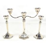 SANDERS & MACKENZIE; an Elizabeth II hallmarked silver three sconce candelabra, Birmingham 1969,