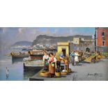 GENNARO ESPOSITO (ITALIAN, born 1930); oil on board, Neapolitan figural harbour scene with street