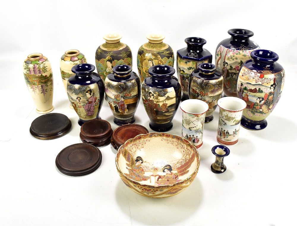 A collection of Satsuma vases, also a pair of Kutani vases (some losses).