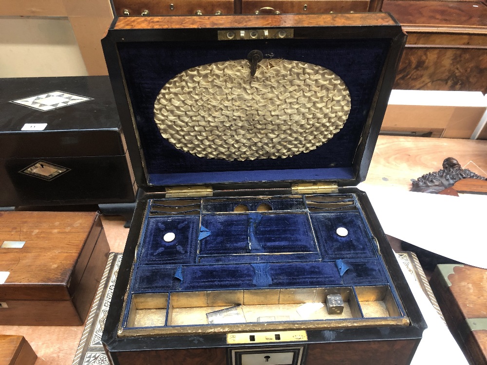 A Victorian burr walnut rectangular sewing box, the cover inlaid with a mother of pearl panel - Image 3 of 6