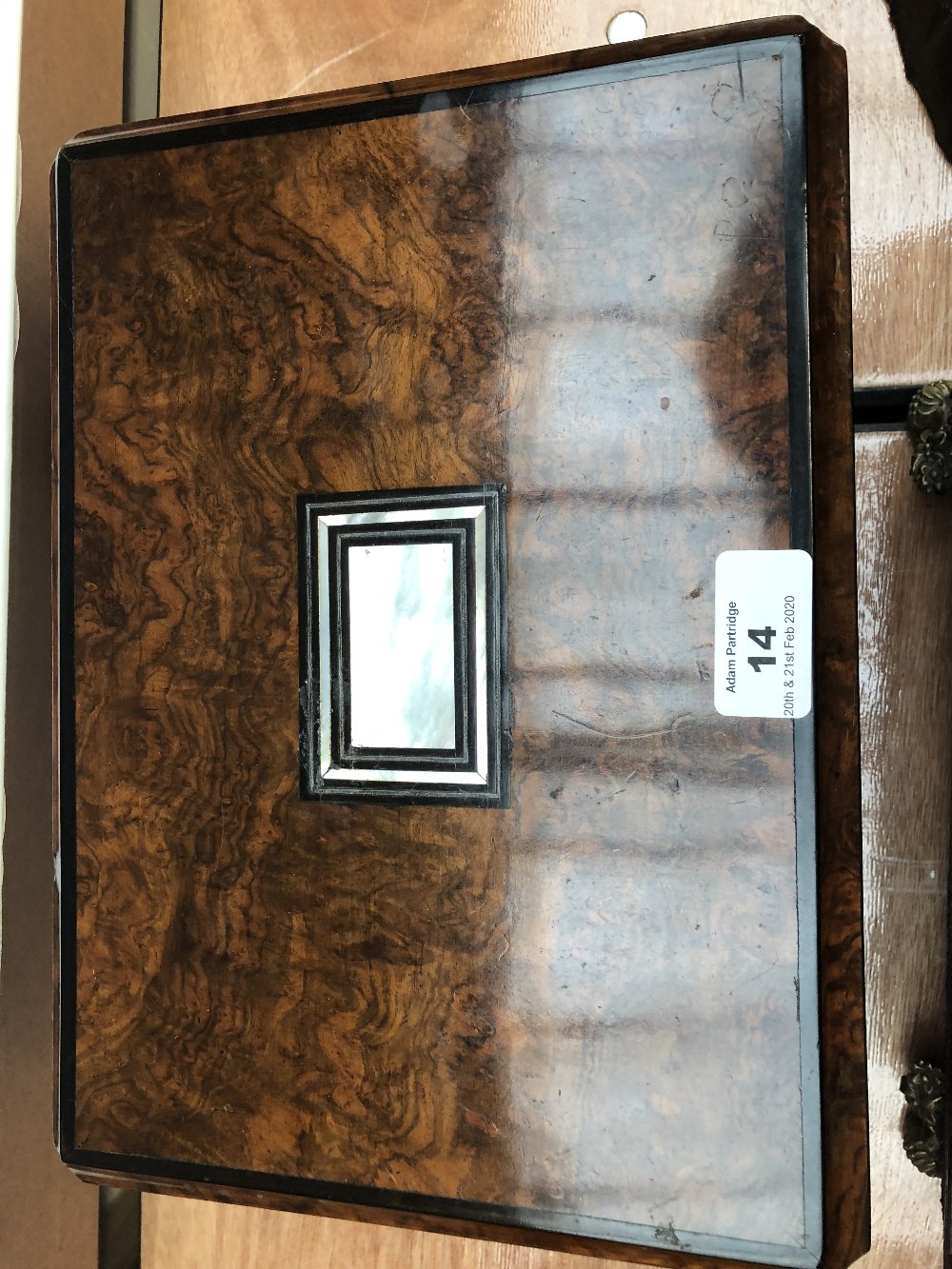 A Victorian burr walnut rectangular sewing box, the cover inlaid with a mother of pearl panel - Image 2 of 6