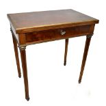 A 19th century brass inlaid mahogany fold over games table/desk with drawer and folding leather