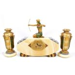 A French Art Deco alabaster and gilt metal mounted clock garniture with figural surmount of an