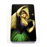 A Russian rectangular papier-mâché snuff box, the lid decorated with a young woman dancing with a