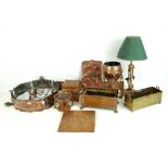 A group of hammered copper items to include a repoussé decorated square lidded box, a beaten