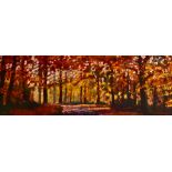 TIMMY MALLETT; oil on canvas, 'Autumn Adventure', rich, colourful landscape, 30 x 78cm, framed. (D)
