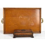 A rectangular oak and brass twin handled tray, 38 x 55cm, and an oak carved trinket box (2).