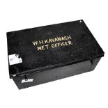 A black painted tin trunk inscribed with gilt lettering 'WH Kavanagh, Met Officer', width 88cm.