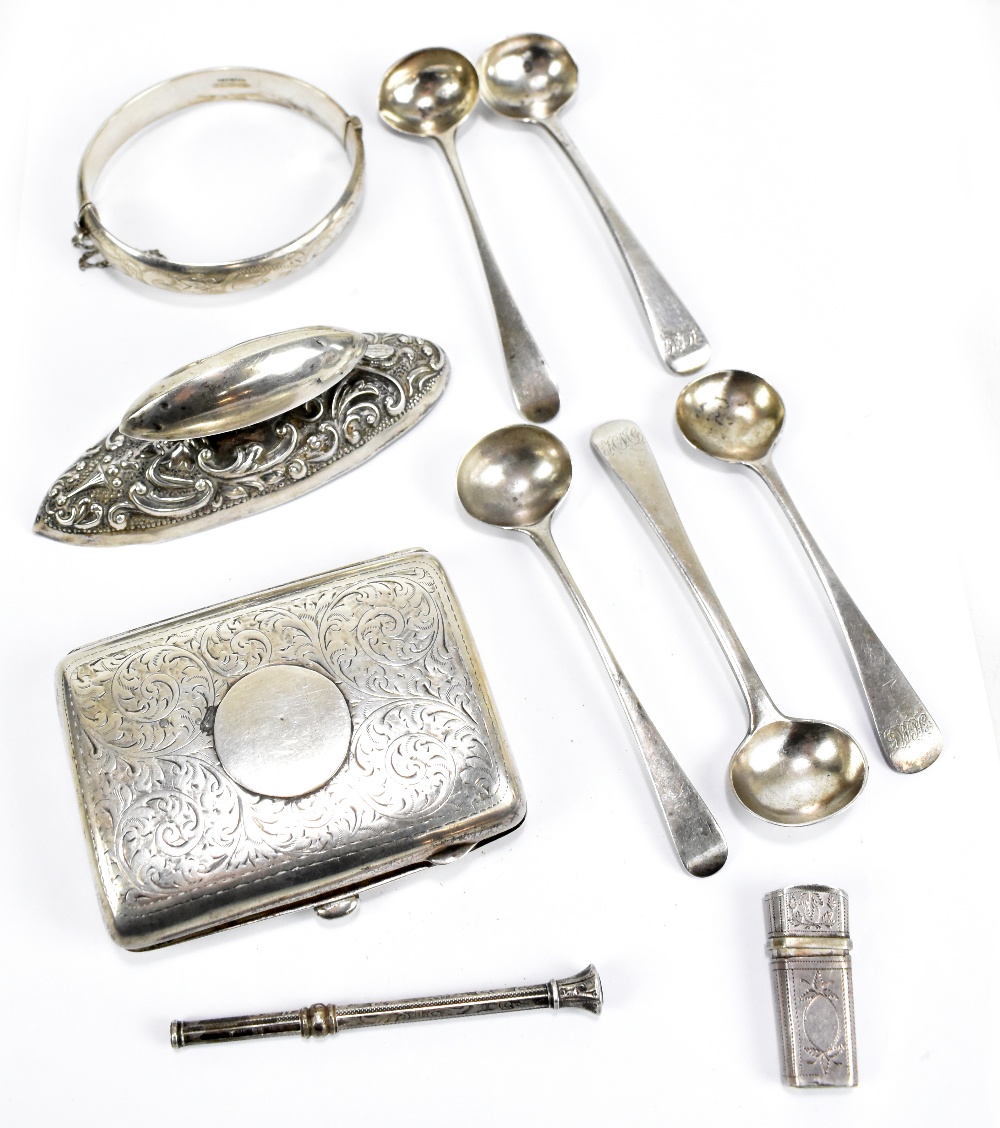 A group of variously hallmarked silver items to include a cigarette case, a snap bangle, mustard