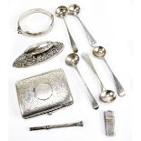 A group of variously hallmarked silver items to include a cigarette case, a snap bangle, mustard