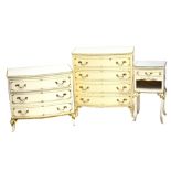 A three piece reproduction bedroom suite comprising two bowfronted chests of drawers and bedside