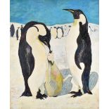 AUDREY HARLING (1920-1997); oil on board, two penguins and chick with further penguins to