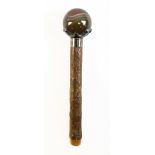 FREDRICK BASTED; a Victorian hallmarked silver mounted banded agate walking stick top (af), length